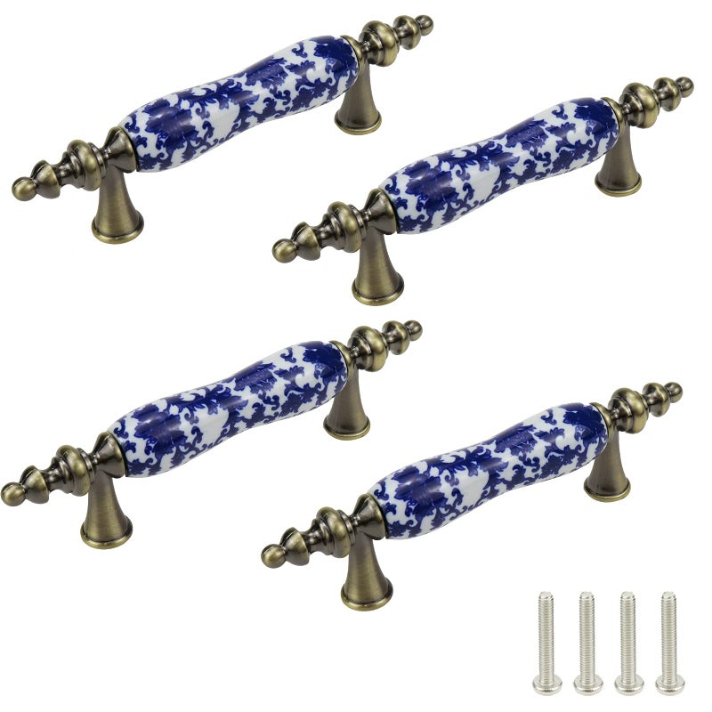 Mcredy Cabinet Pulls Ceramic Door Knobs Painted Cabinet Drawer Wardrobe Pull Handles Blue and White Porcelain Pattern with Screws T Pull Handles Pack of 4 - Image 1
